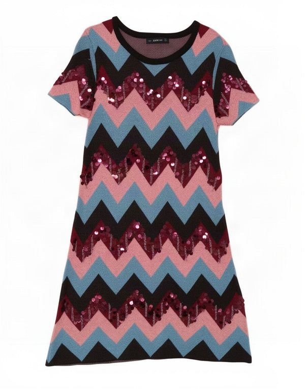 Zara Womens Short Sleeves Jumper Dress UK 8 Small Multicoloured Chevron