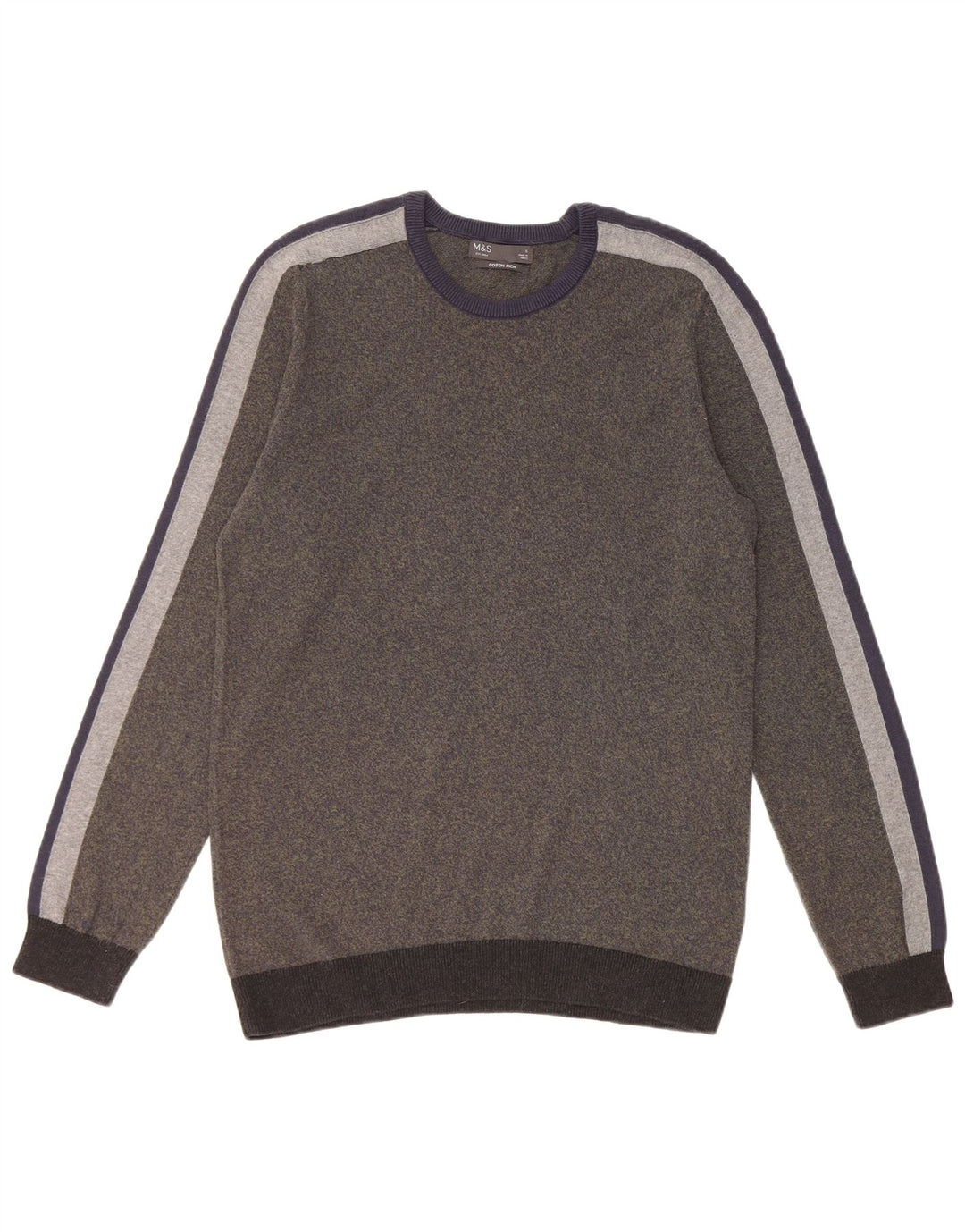 Marks & Spencer Mens Crew Neck Jumper Sweater Small Khaki Striped Cotton