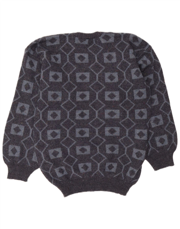 Vintage herre rund hals sweater mellemgrå geometrisk akryl