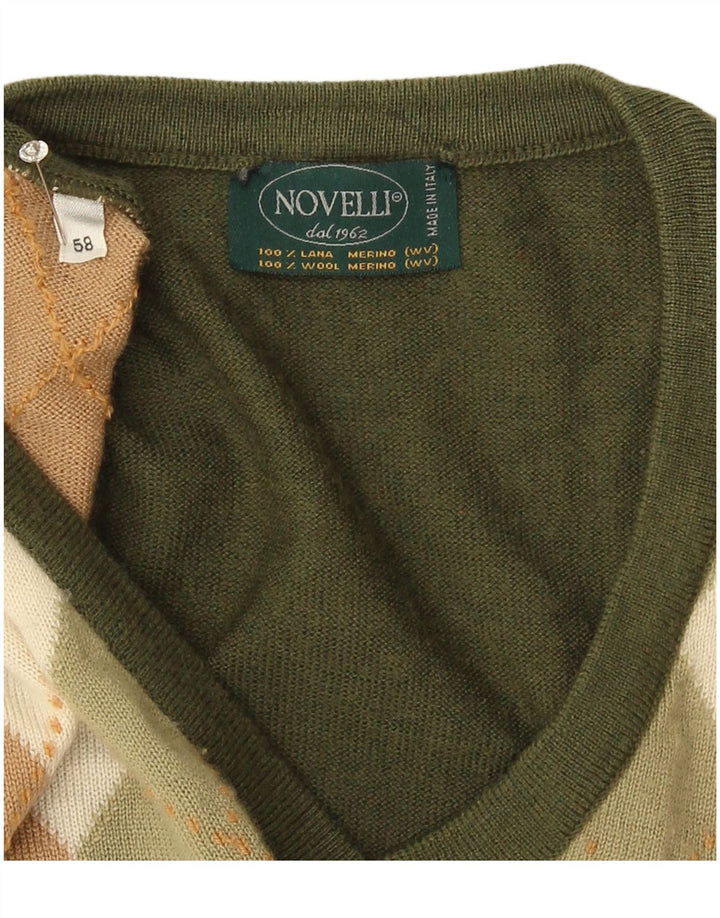 Novelli Mens V-Neck Jumper Sweater IT 58 2XL Khaki Argyle/Diamond