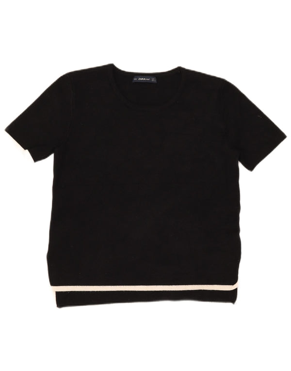 Zara Damen T-Shirt Top UK 14 Large Schwarz Colourblock Viskose