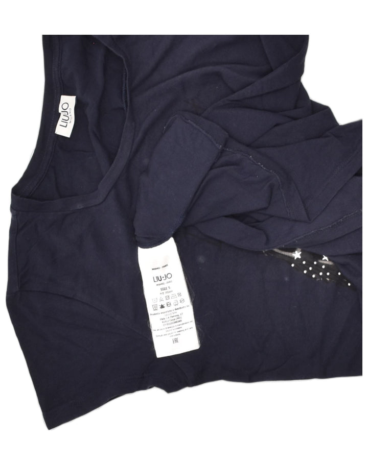 LIU JO Womens Graphic T-Shirt Top UK 10 Small Navy Blue Cotton | Vintage Liu Jo | Thrift | Second-Hand Liu Jo | Used Clothing | Messina Hembry 