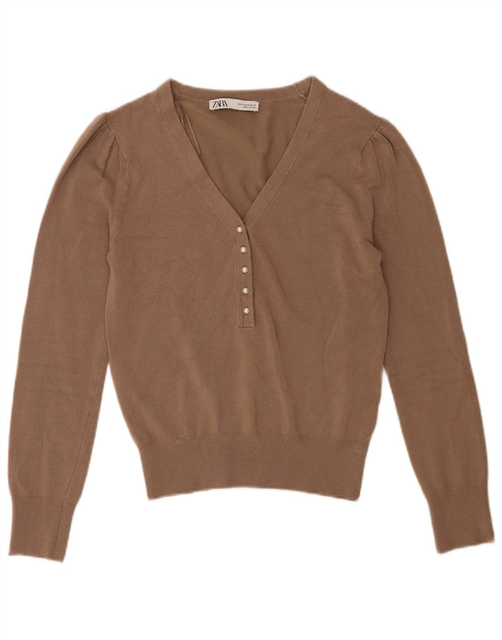 Zara Womens V-Neck Jumper Sweater UK 12 Medium Brown Viscose
