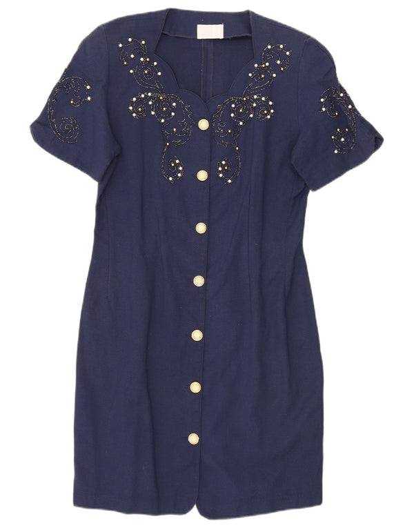 Vintage γυναικείο φόρεμα με κανονική θήκη UK 14 Medium Navy Blue βαμβακερό