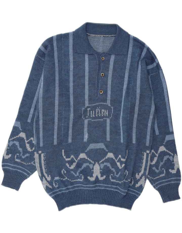 VINTAGE Mens Polo Neck Jumper Sweater Small Blue Striped Vintage Vintage and Second-Hand Vintage from Messina Hembry 