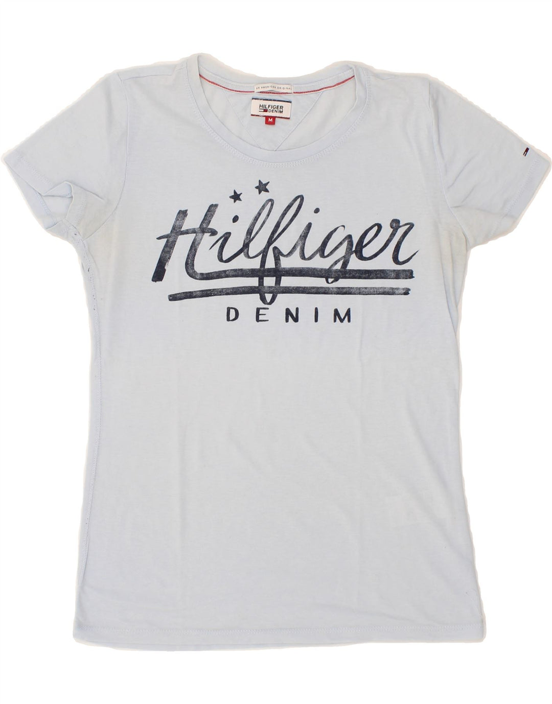 TOMMY HILFIGER Womens Graphic T-Shirt Top UK 12 Medium Blue Vintage Tommy Hilfiger and Second-Hand Tommy Hilfiger from Messina Hembry 