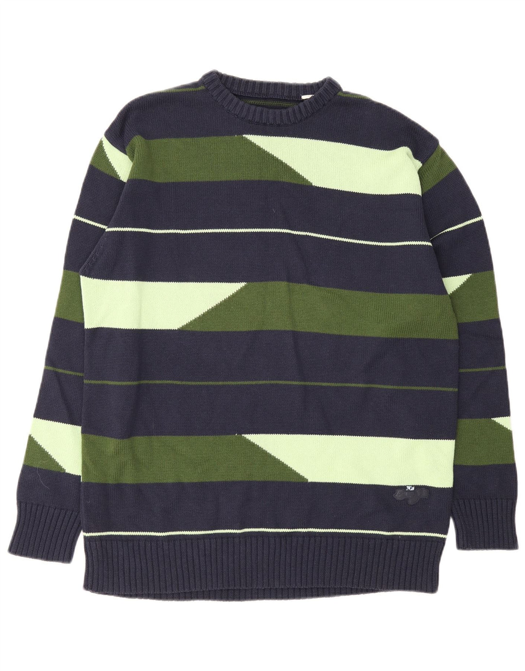 Vintage Mens Crew Neck Jumper Sweater Large Navy Blue Striped