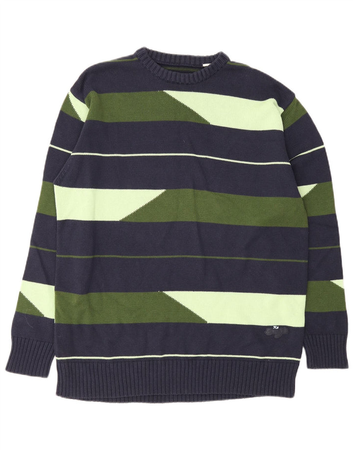 Vintage Mens Crew Neck Jumper Sweater Large Navy Blue Striped