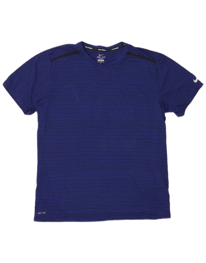 Nike herre Dri Fit T-shirt top XL marineblå stribet polyester