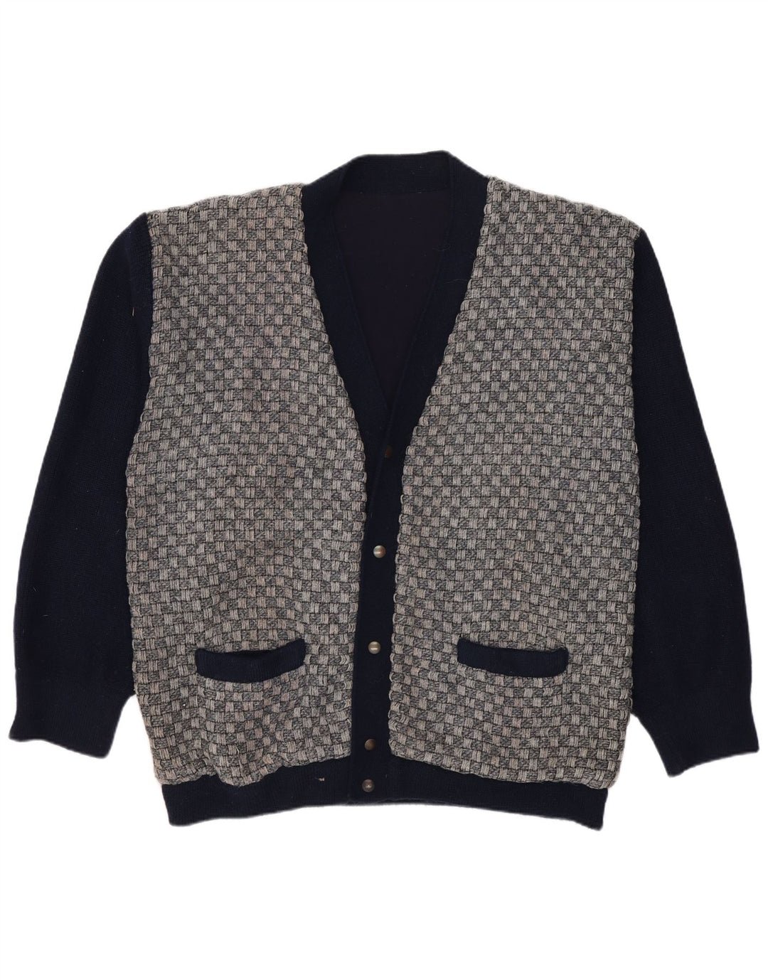 Vintage Mens Cardigan Sweater Medium Navy Blue Geometric