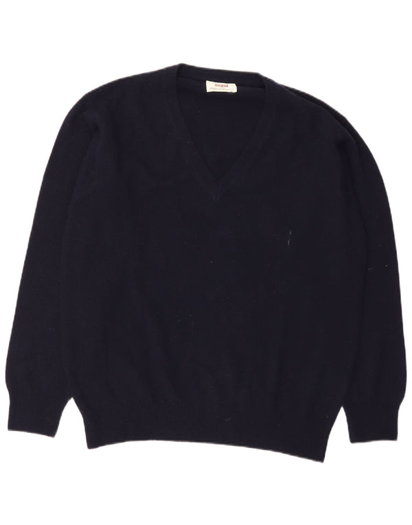 Sisley Mens V-Neck Jumper Sweater Medium Navy Blue Virgin Wool