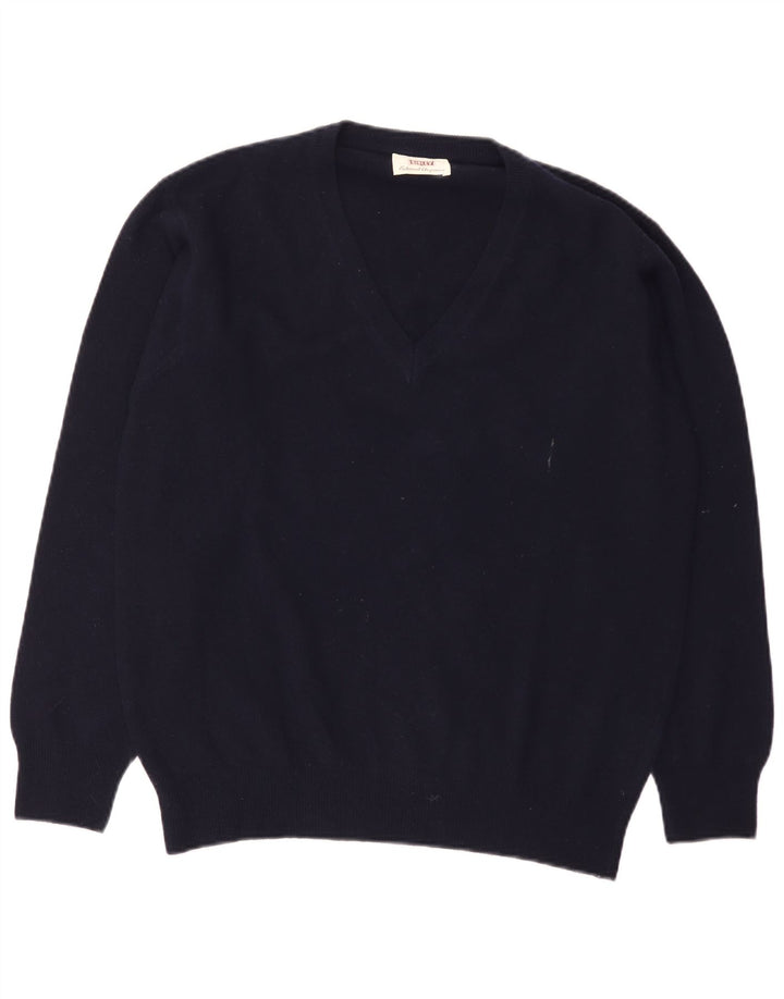 Sisley Mens V-Neck Jumper Sweater Medium Navy Blue Virgin Wool