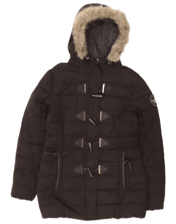 Superdry Womens Hooded Padded Jacket UK 14 Large Black Polyester