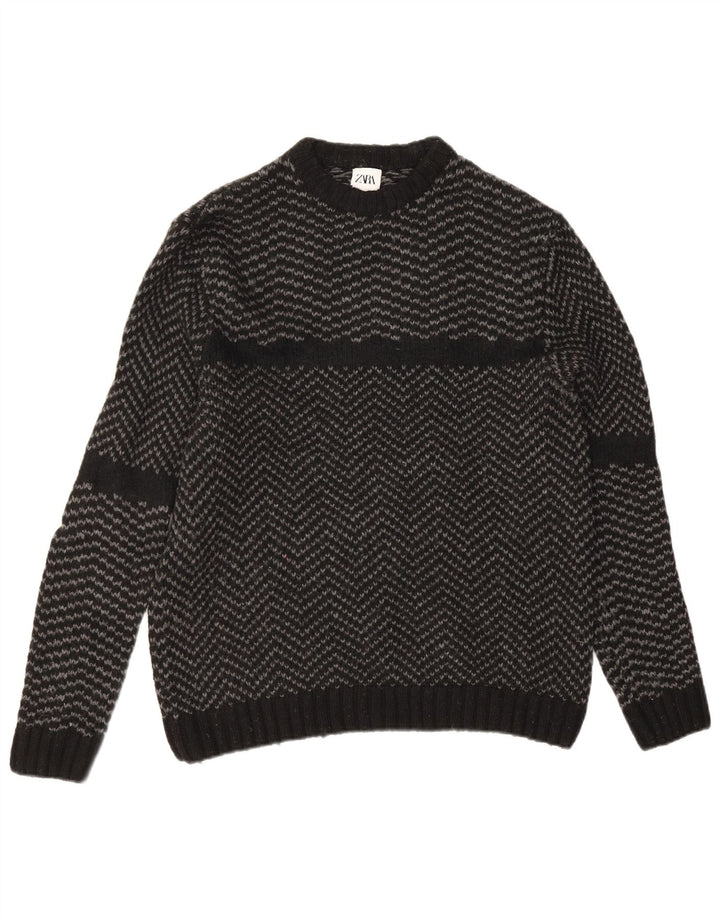 Zara Mens Crew Neck Jumper Sweater Large Black Chevron Nylon