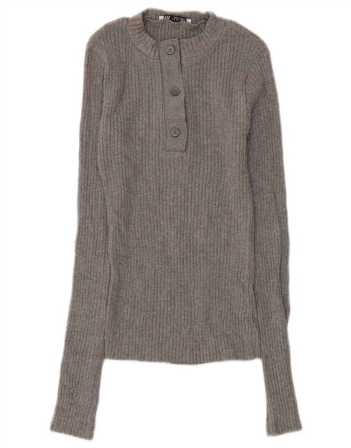 Zara Womens Button Neck Jumper Sweater UK 8 Small Grey Cotton