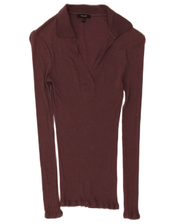 Massimo Dutti Womens Long Sleeve Polo Shirt UK 8 Small Burgundy