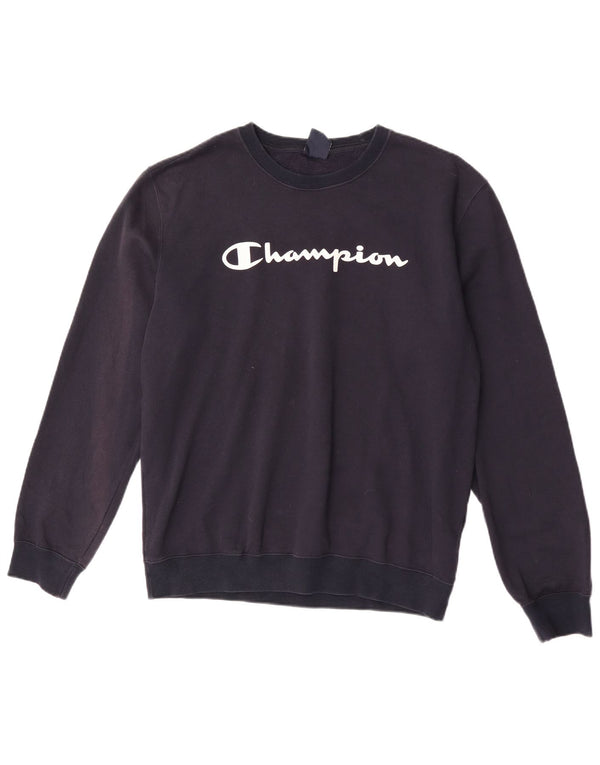 Felpa con grafica Champion da donna, maglione UK 16, grande, cotone blu navy