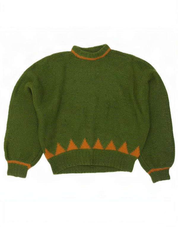 Suéter feminino vintage com gola tartaruga Reino Unido 14 grande verde geométrico