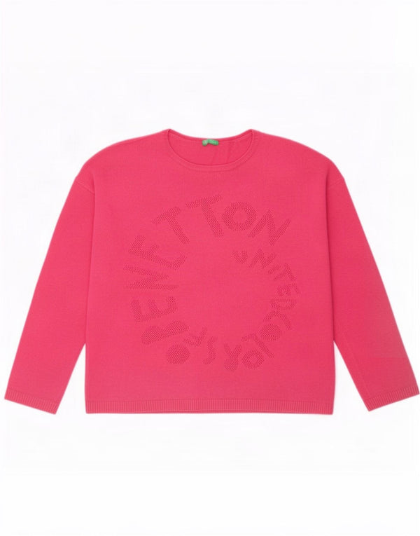 Benetton Girls Graphic Crop Boat Neck Jumper Sweater 10-11 Years XL Pink