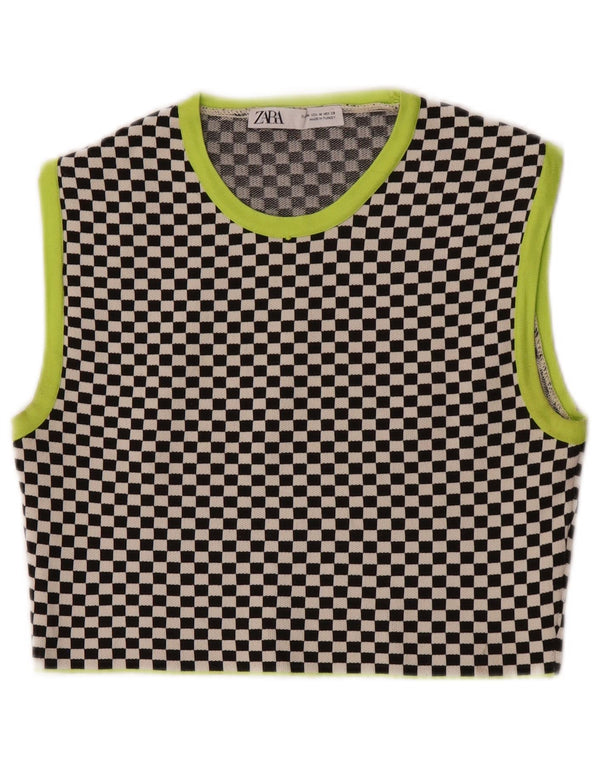 Zara Womens Crop Vest Top UK 12 Medium Sort Geometrisk Polyester