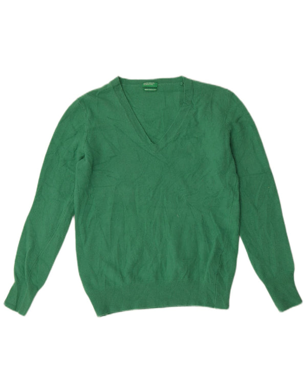 Benetton Womens V-Neck Jumper Sweater UK 14 Large Green Wool