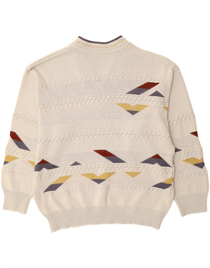 Vintage Mens V-Neck Jumper Sweater XL White Geometric
