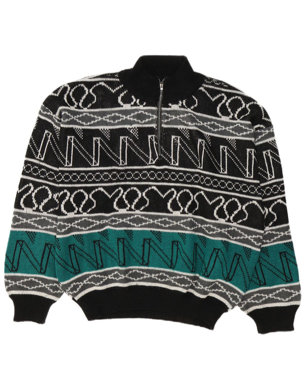 vintage Mens Zip Neck Jumper Pull Grand Multicolore Géométrique