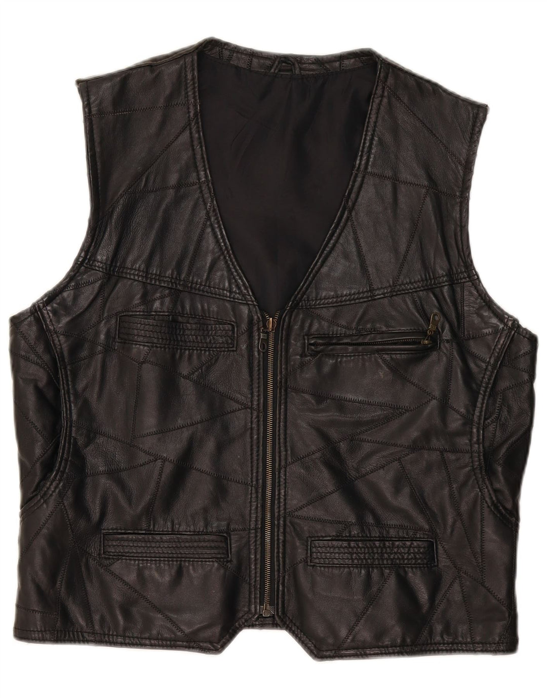 Vintage Mens Leather Waistcoat Large Black Patchwork