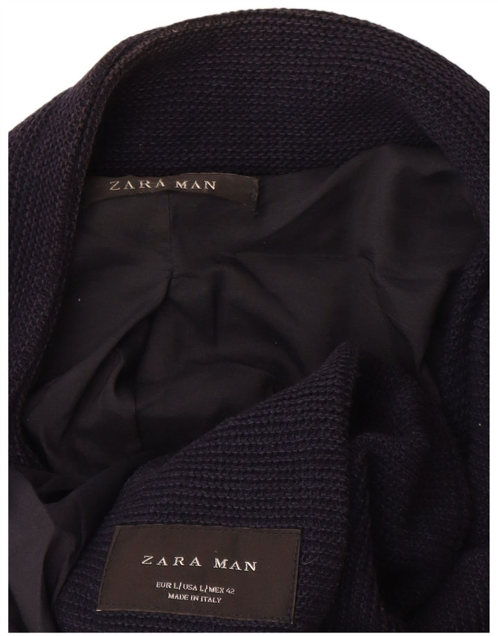 Zara Mens Knit Overcoat UK 40 Large Navy Blue Cotton
