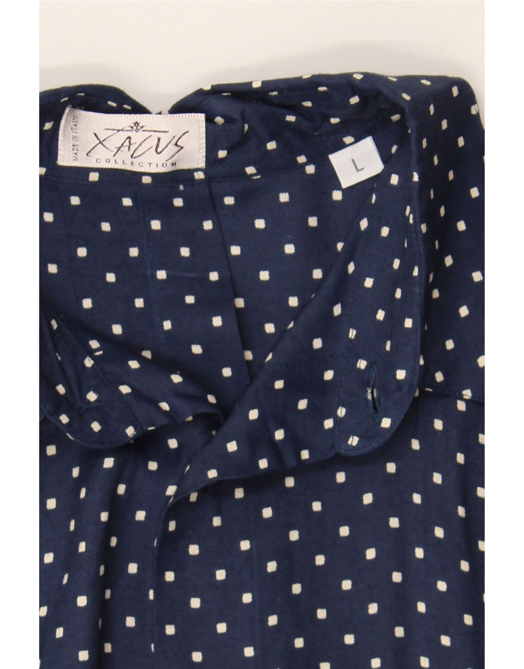 XACUS Mens Shirt Large Navy Blue Spotted Rayon Vintage Xacus and Second-Hand Xacus from Messina Hembry 
