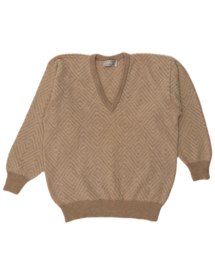 Lyle & Scott Mens V-Neck Jumper Sweater XL Beige Geometric Wool