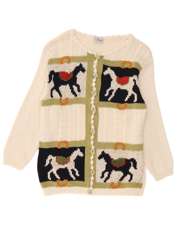 Vintage Womens Graphic Cardigan Sweater UK 16 Large Off White Cotton