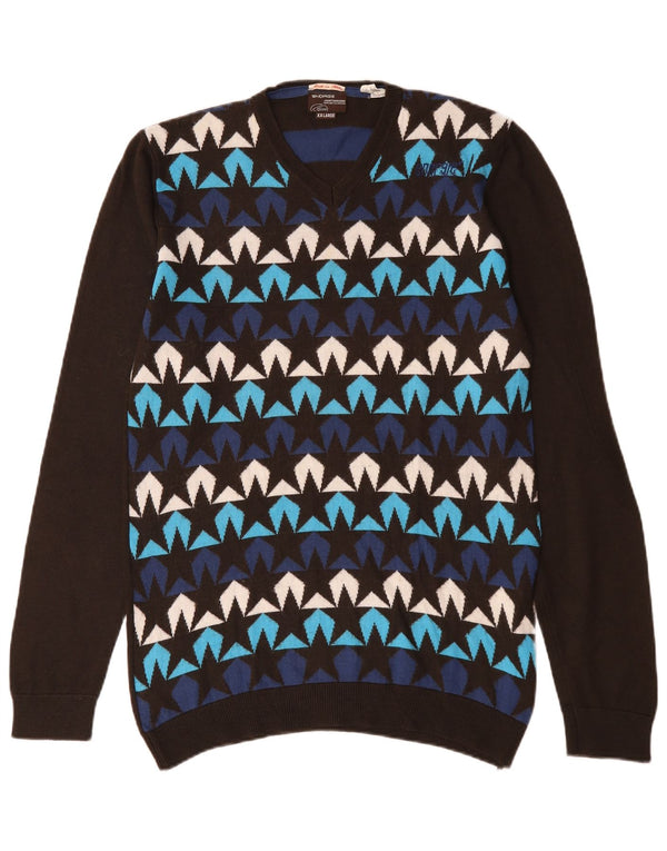 Energie Mens Abstract Pattern V-Neck Jumper Sweater 2XL Multicoloured Wool