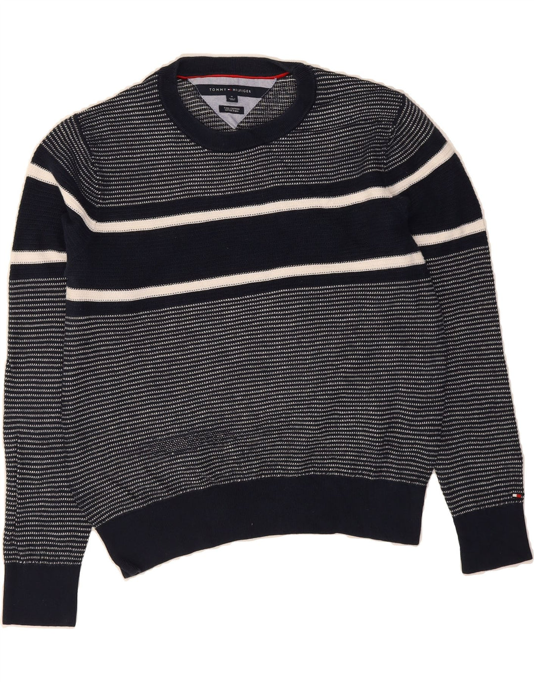 TOMMY HILFIGER Mens Crew Neck Jumper Sweater Medium Navy Blue Striped Vintage Tommy Hilfiger and Second-Hand Tommy Hilfiger from Messina Hembry 