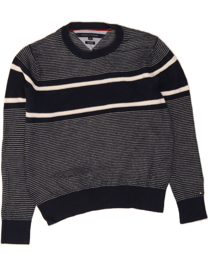 TOMMY HILFIGER Mens Crew Neck Jumper Sweater Medium Navy Blue Striped Vintage Tommy Hilfiger and Second-Hand Tommy Hilfiger from Messina Hembry 