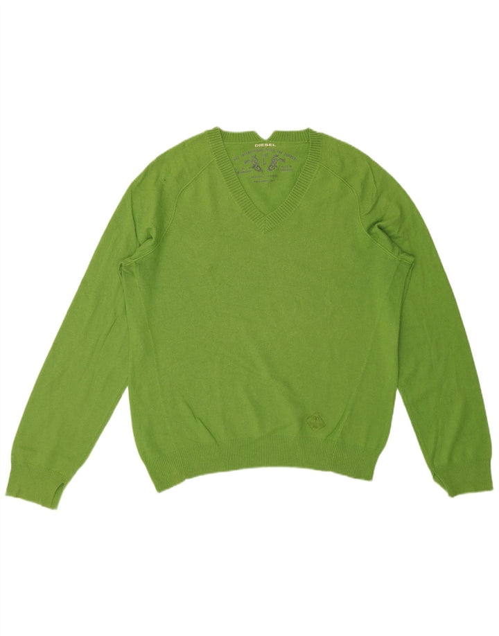 Diesel Mens V-Neck Jumper Sweater Large Green Cotton