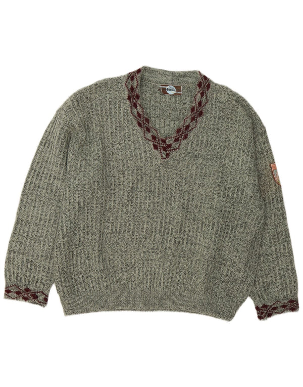 Fiorucci Męski sweter z dekoltem w kształcie litery V, XL, zielony, nakrapiany, akrylowy, retro