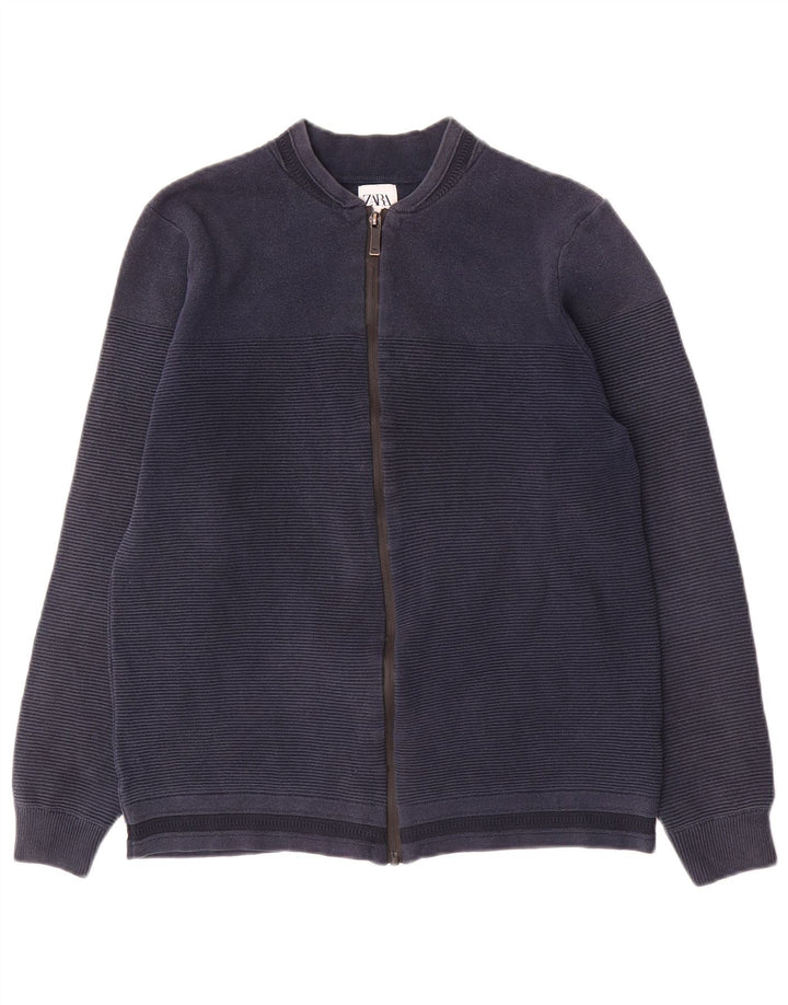 Zara Homme Cardigan Pull Bleu Marine Moyen Rayure Fine