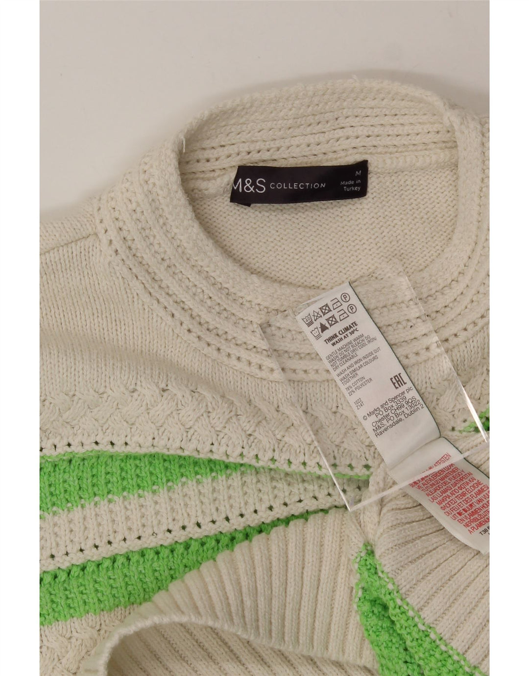 MARKS & SPENCER Womens Crew Neck Jumper Sweater UK 14 Medium White Striped Vintage Marks & Spencer and Second-Hand Marks & Spencer from Messina Hembry 