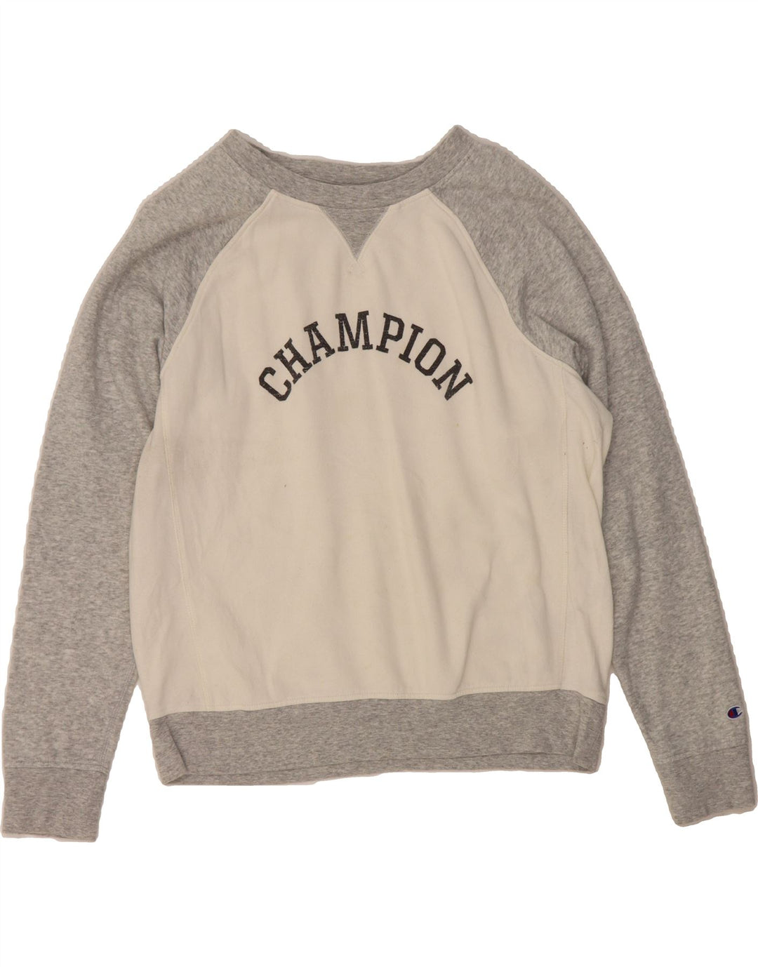 CHAMPION Womens Graphic Sweatshirt Jumper UK 14 Medium Grey Colourblock Vintage Champion and Second-Hand Champion from Messina Hembry 