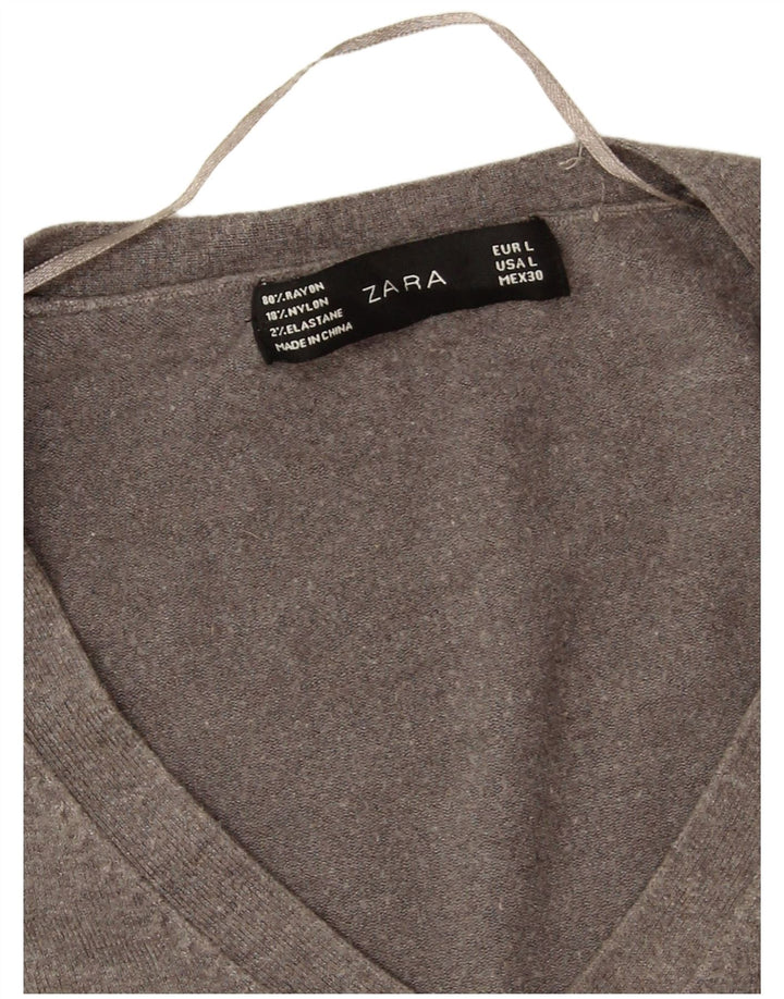 Zara Womens V-Neck Jumper Sweater UK 16 Large Grey Rayon