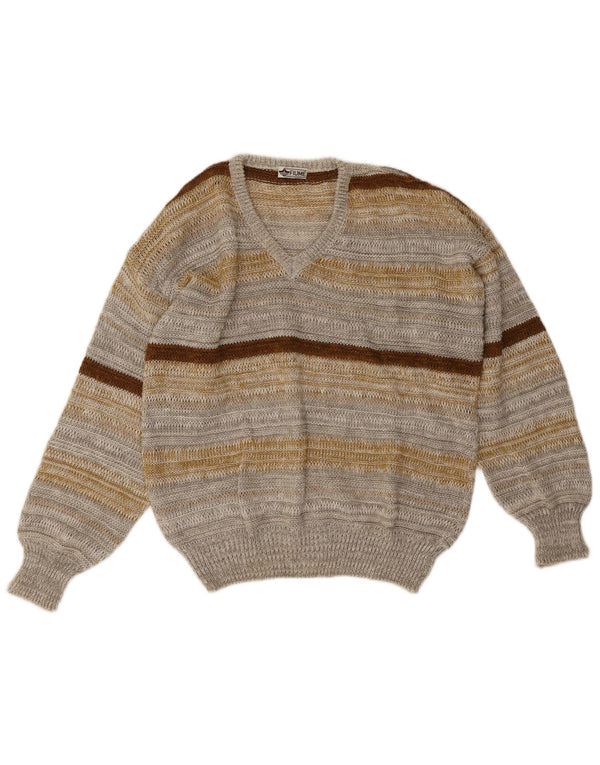 Fiume Mens V-Neck Jumper Sweater Large Grey Striped Linen