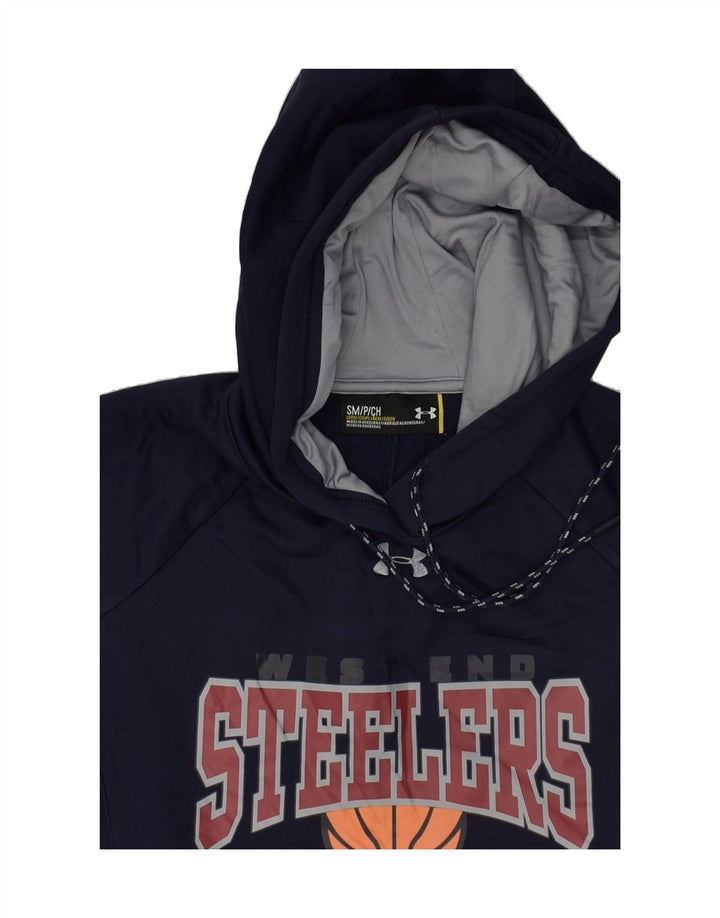 UNDER ARMOUR Mens Graphic Hoodie Jumper Small Navy Blue Polyester | Vintage Under Armour | Thrift | Second-Hand Under Armour | Used Clothing | Messina Hembry 