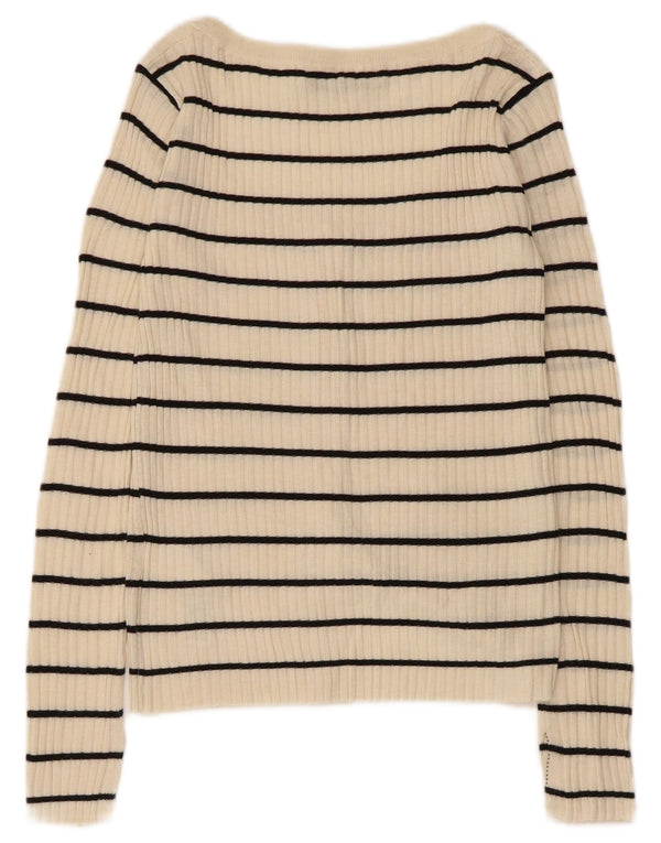 Zara Womens Cardigan Sweater UK 8 Small Beige Striped Acrylic