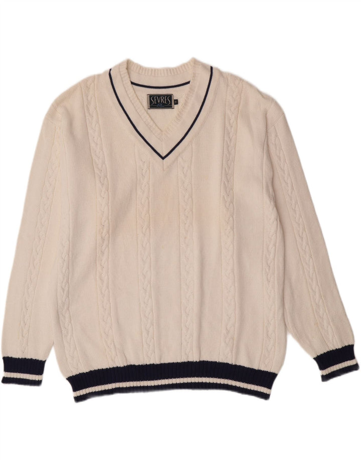 SEVRES Mens V-Neck Jumper Sweater IT 56 2XL White Cotton Vintage Sevres and Second-Hand Sevres from Messina Hembry 