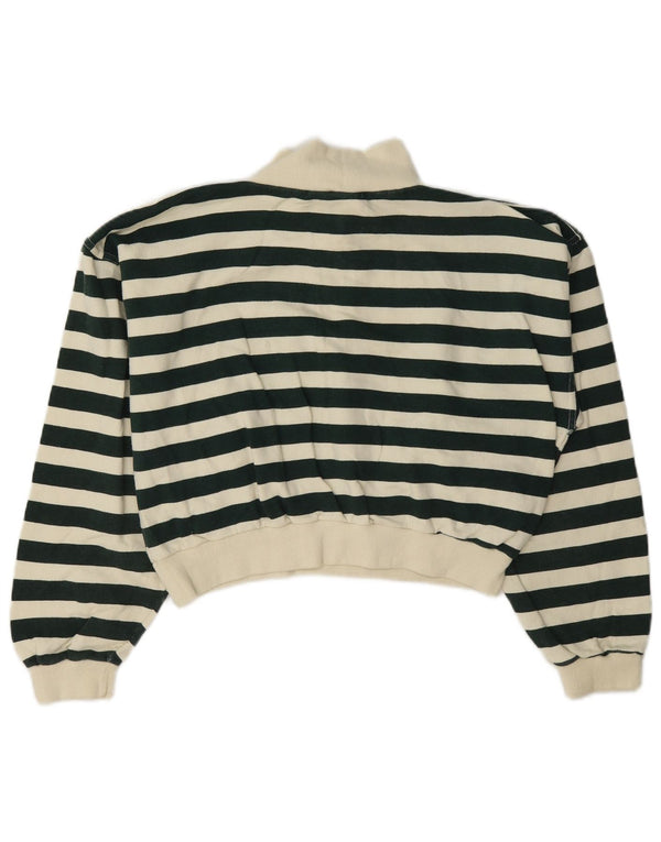 Vintage Kvinders Crop Zip Neck Sweatshirt Jumper UK 12 Medium Green Striped