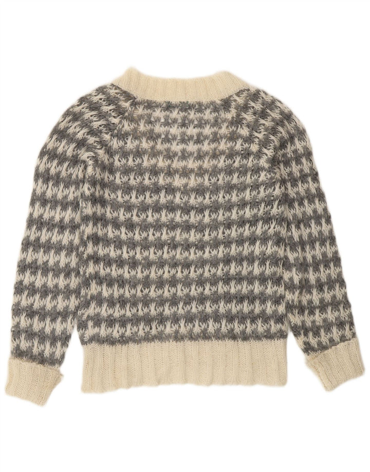 Benetton Damen-Pullover mit V-Ausschnitt, Gr. 14, Mittelgrau mit Hahnentrittmuster