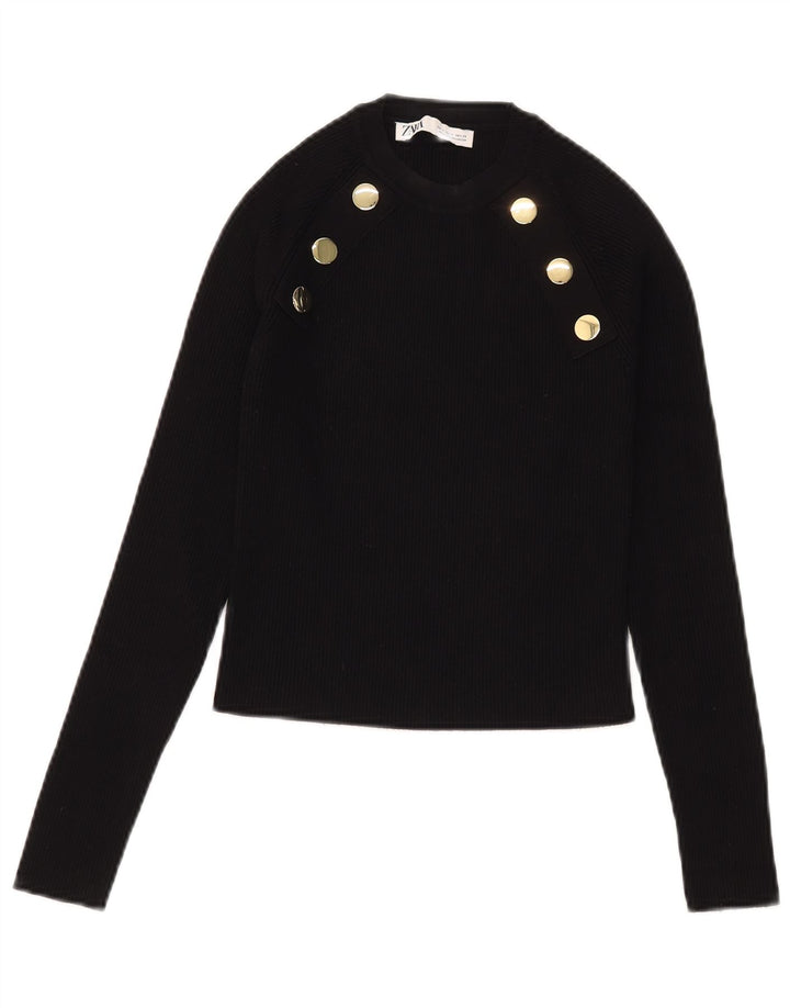 Zara Womens Crop Top Long Sleeve UK 8 Small Black Viscose