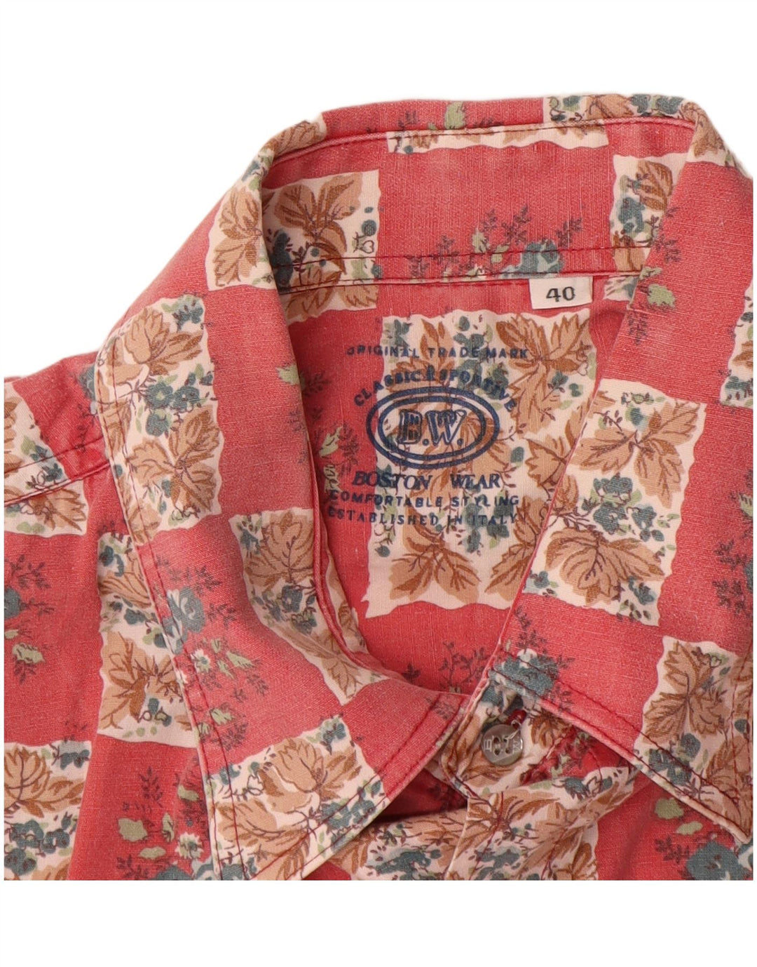Boston Mens Short Sleeve Shirt Size 40 Medium Red Floral Cotton