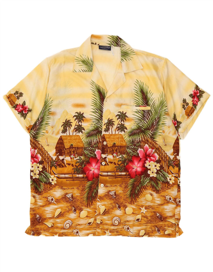 Pacific & Co Mens Hawaiian Short Sleeve Shirt Large Yellow Floral Polyester